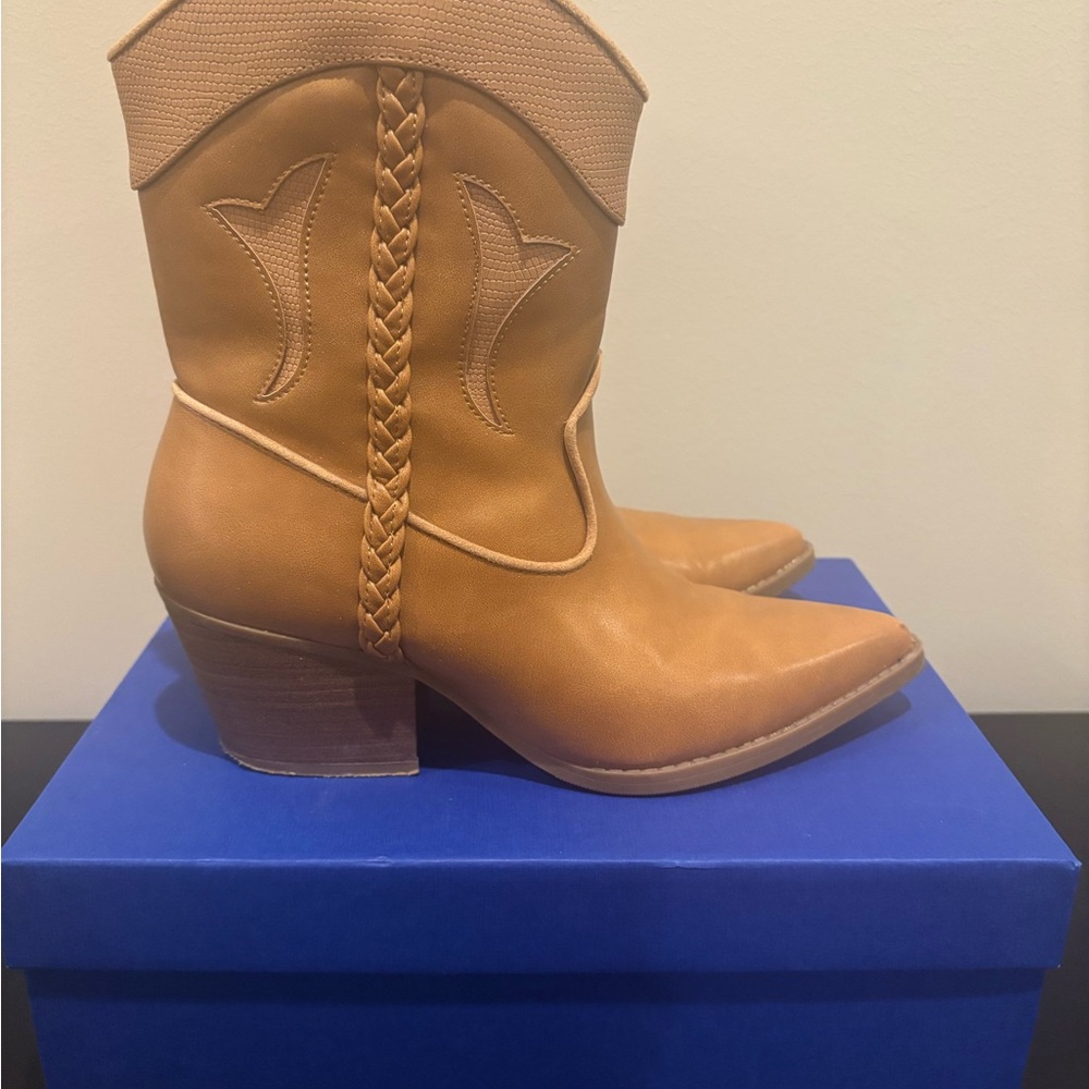 Tan Faux Leather Braided Western Ankle Boots